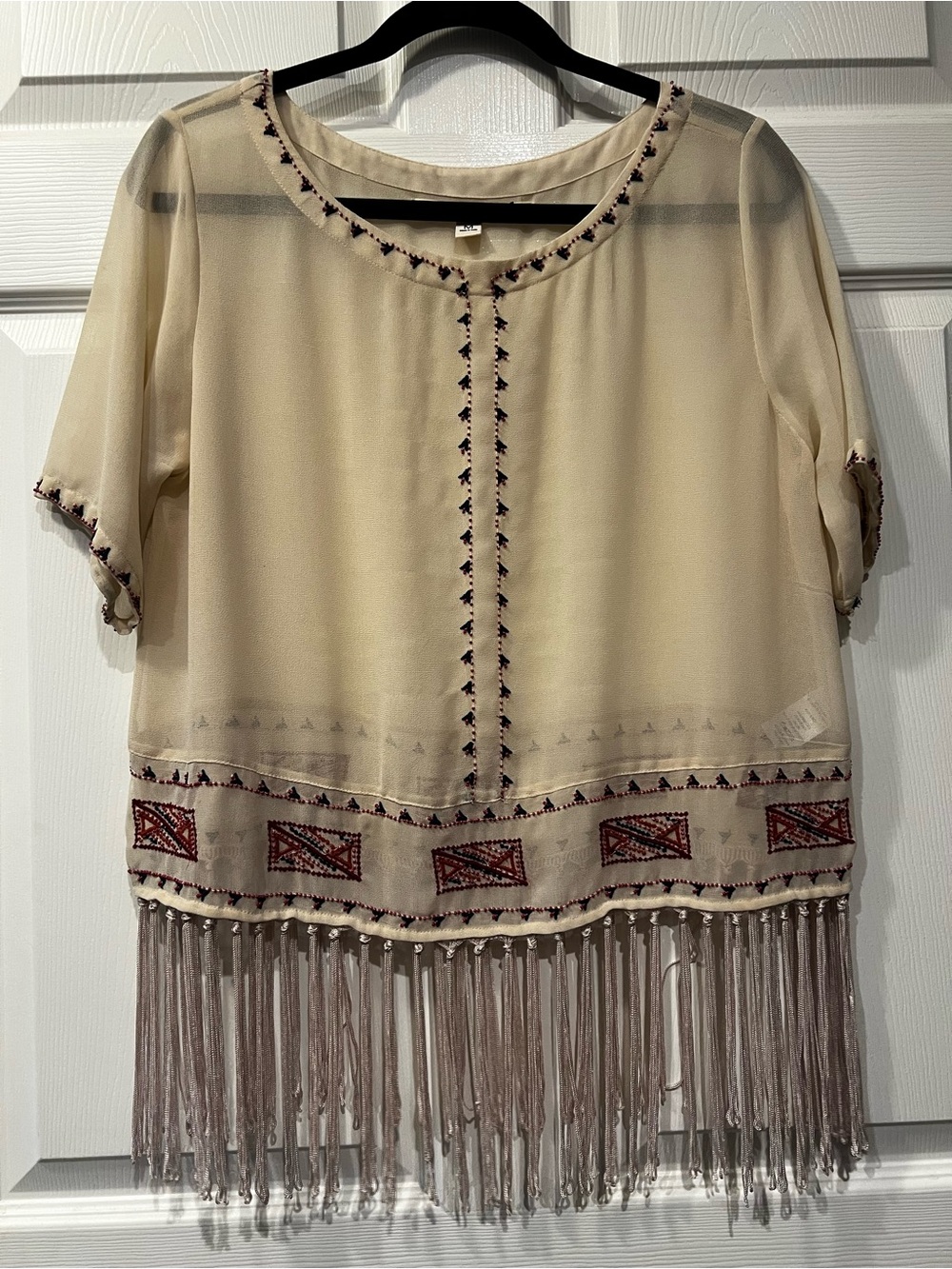 Chelsea & Violet Cream Fringe Embroidered Short Sleeve Blouse